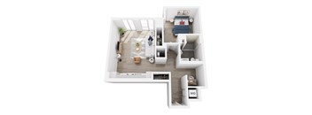 A white interior design of a house with a kitchen, living room, and bedroom.