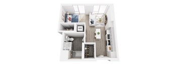 A top down view of a small apartment with a kitchen, living room, and bathroom.