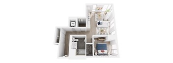A top down view of a small apartment with a kitchen, living room, and bathroom.