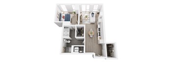 A top down view of a small apartment with a kitchen, living room, and bathroom.
