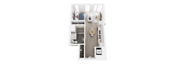 A top down view of a small apartment with a kitchen, living room and bathroom.