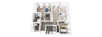 A top down view of a small apartment with a kitchen, living room, and bathroom.