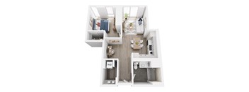 A top down view of a small apartment with a kitchen, living room, and bathroom.