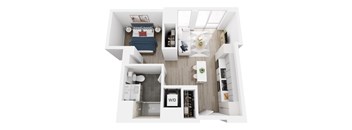 A top down view of a small apartment with a bedroom, bathroom, and kitchen.