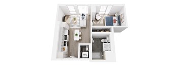 A white interior of a house with a kitchen, living room, and bathroom.