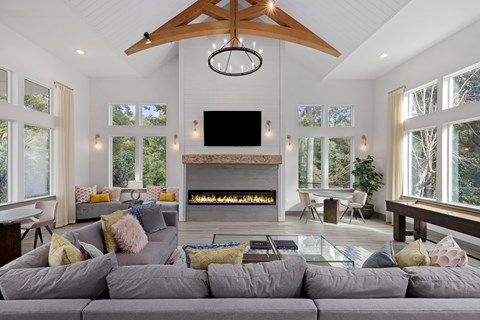 A modern living room with a grey sofa and a fireplace.