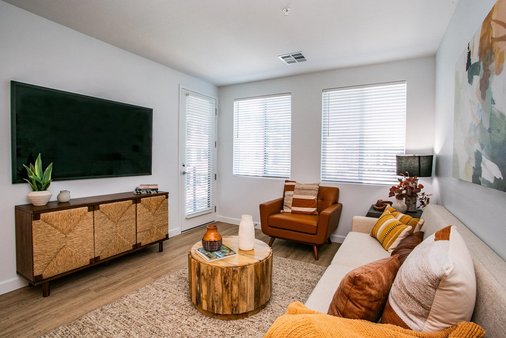 an apartment living room with a couch and a tv