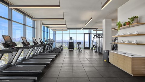 a gym with cardio machines and a view of the city