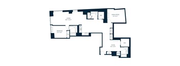 A floor plan of a house with a living room, bedroom, and home office.