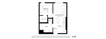 A floor plan of a house with a bedroom, living/dining room, kitchen, bath, and entry.