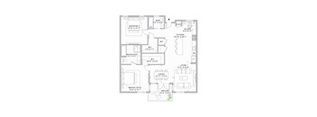 A floor plan of a house with a living room, two bedrooms, a kitchen, a dining room, a bathroom, a laundry room, and a garage.