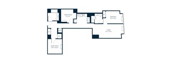 A floor plan of a home with a home office, bedroom, and living room.