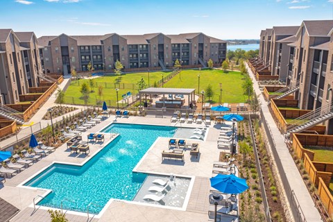 an aerial view of the pool at the resort at governors crossing