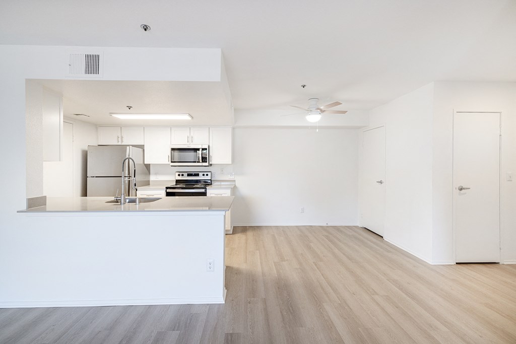 a kitchen and living room in an apartment