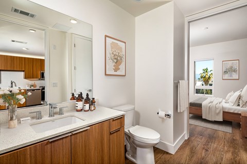a bathroom with a toilet sink and mirror and a bedroom in the background