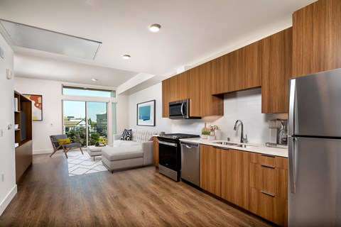 a kitchen and living room