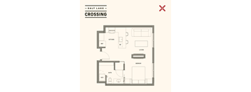 Salt Lake Crossing floor plan with kitchen, living room, bedroom, and bathroom.