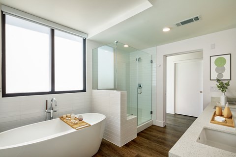 a bathroom with a tub and a shower