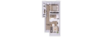 A floor plan of a small apartment with a bedroom, bathroom, kitchen, and living room.