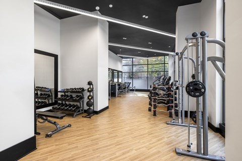 A gym with a variety of equipment including weights and weight machines.