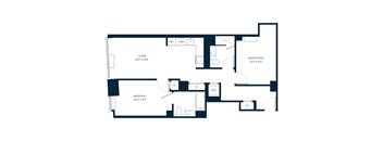 A floor plan of a home with a living room, bedroom, and home office.