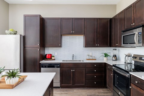 Kitchen with dark cabinets and quartz countertops