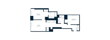 A floor plan of a house with a living room, bedroom, and home office.