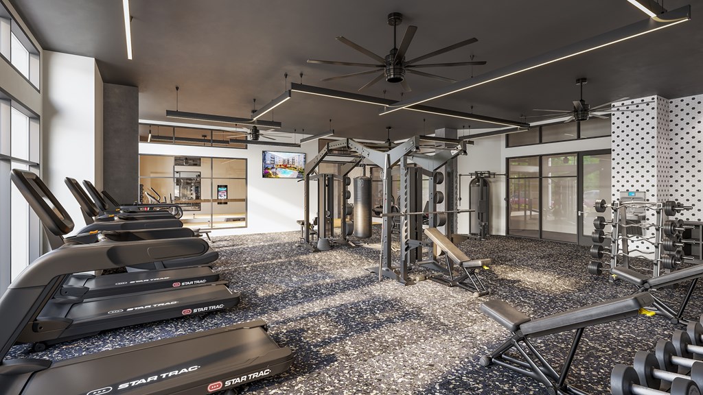 A gym with treadmills and other equipment.