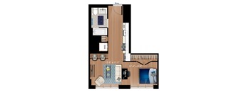 A floor plan of a small apartment with a bedroom, living room, and bathroom.