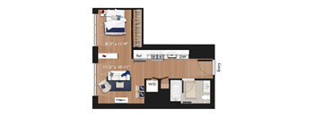 A floor plan of a room with a reference point and dimensions.