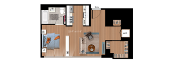 A floor plan of a room with a sofa, a bed, a table, and a chair.