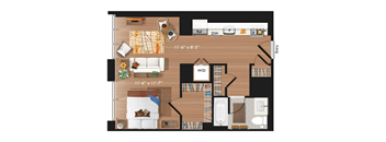 A floor plan of a house with a living room, dining room, kitchen, and bathroom.