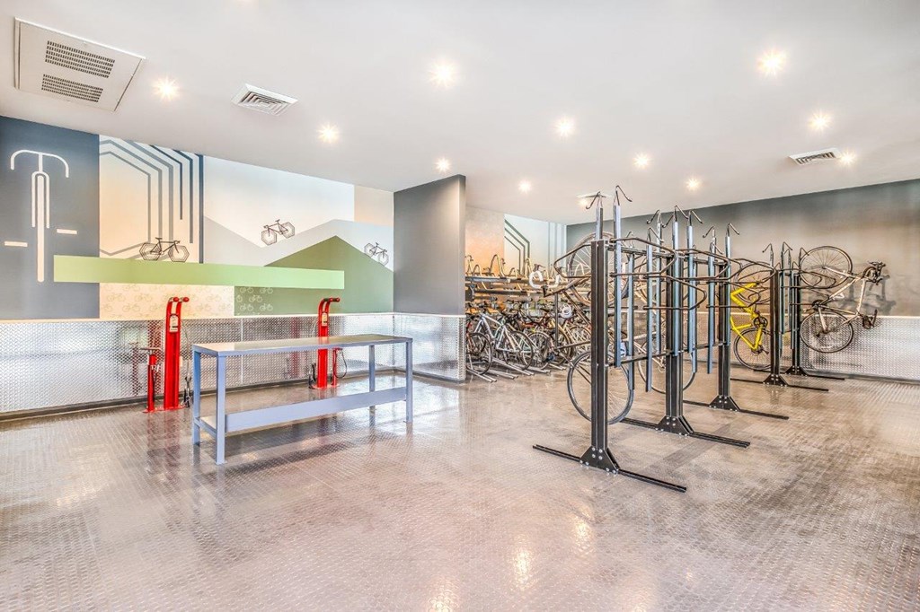 the store has a bike rack in the middle of the room.