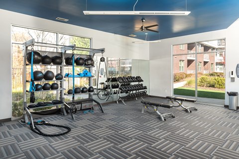 A gym with a variety of equipment including weights and a bench.