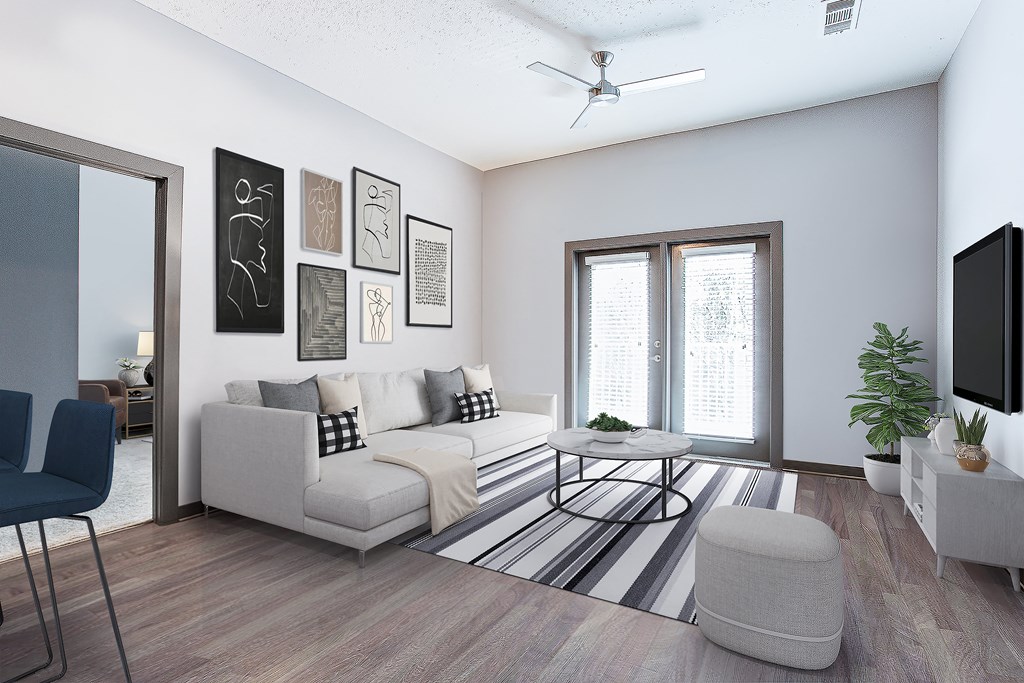 a living room with a white couch and a black and white rug