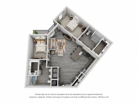this is a 3d floor plan of a 590 square foot 1 bedroom apartment at the