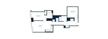 A floor plan of an apartment with a living room, bedroom, and home office.