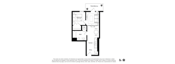 A floor plan of a house with a bedroom, living/dining room, kitchen, bath, entry, and a patio/balcony.