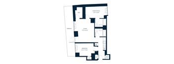 A floor plan of a house with a living room, bedroom, and home office.