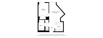 A floor plan of a room with a bed, bath, kitchen, and living/dining room.