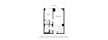 A floor plan of a small apartment with a living room, dining room, kitchen, bathroom, and bedroom.
