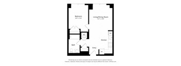 A black and white floor plan of a small apartment.