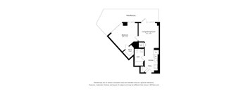 A floor plan of a home with a living/dining room, kitchen, bath, and bedrooms.