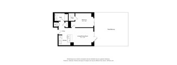 A floor plan of a house with a living room, kitchen, bathroom, bedroom and patio.