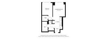 A black and white image of a floor plan for a home with a bedroom, living/dining room, kitchen, bath, and walk-in closet.