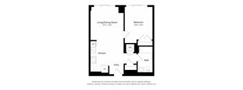 A floor plan of a small apartment with a living/dining room, kitchen, bath, and bedroom.