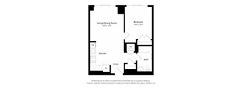 A floor plan of a small apartment with a living/dining room, kitchen, bath, and bedroom.