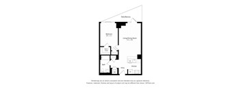 A black and white diagram of a house layout with a bedroom, living/dining room, kitchen, bath, and walk-in closet.