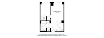 A floor plan of a small apartment with a bedroom, living/dining room, kitchen, bath, and walk-in closet.
