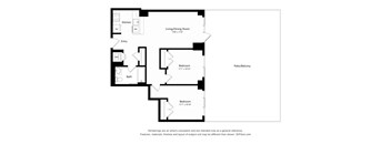 A black and white floor plan of a home with a living room, kitchen, and two bedrooms.